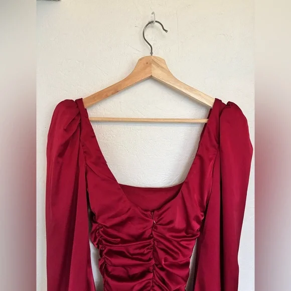 Oh Polly Red Ruched Puff Sleeve Square Neck Satin Effect Holiday Mini Dress - Picture 7 of 13